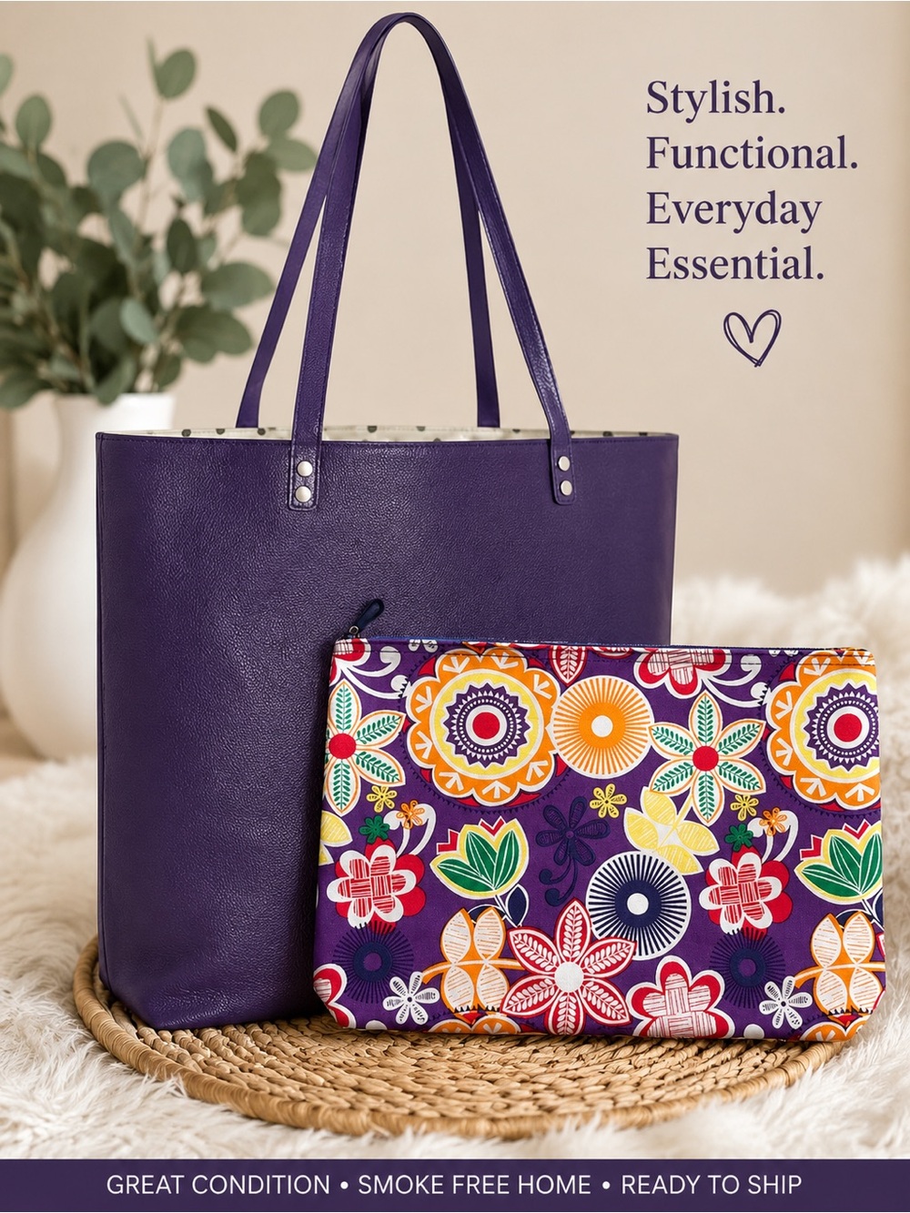 thirty-one Purple Tote with Multicolor Floral Pouch